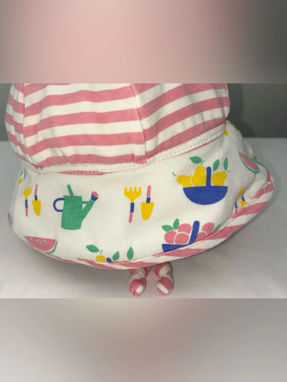 90s Marimekko Cotton Fruit Print Vintage Finnish Striped Bucket Sun Hat Infant